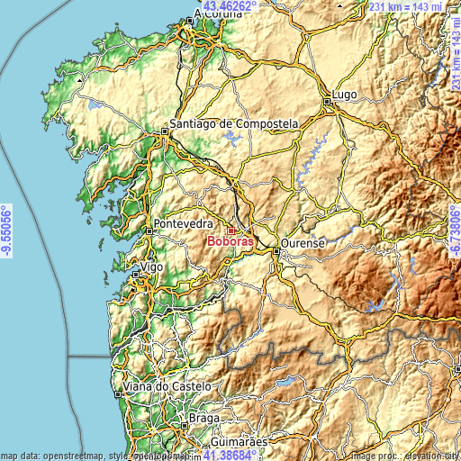 Topographic map of Boborás