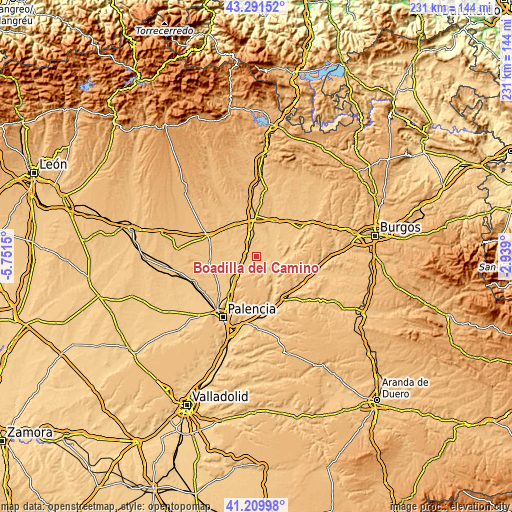 Topographic map of Boadilla del Camino