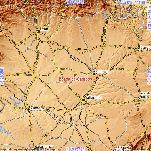 Topographic map of Boada de Campos