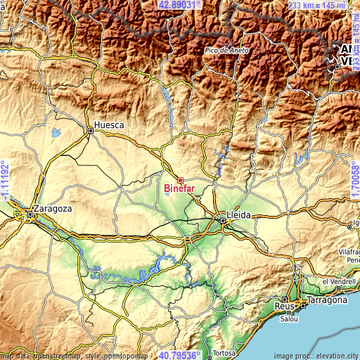 Topographic map of Binéfar