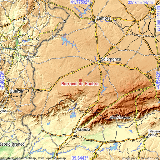 Topographic map of Berrocal de Huebra