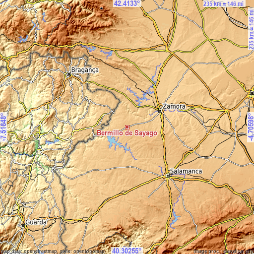 Topographic map of Bermillo de Sayago