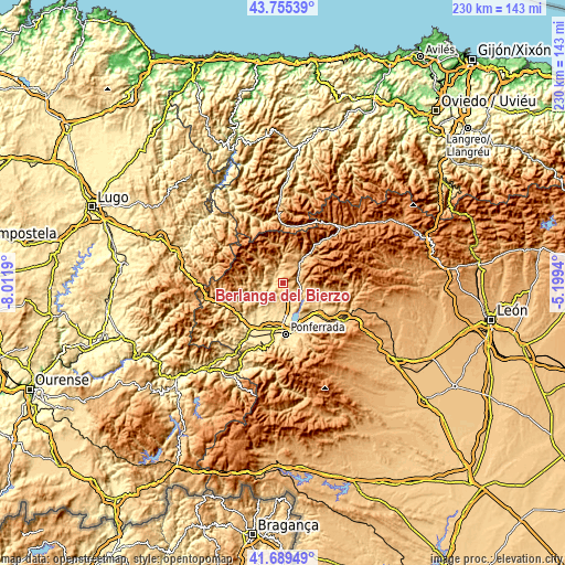 Topographic map of Berlanga del Bierzo