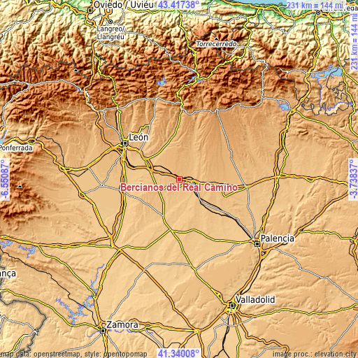 Topographic map of Bercianos del Real Camino