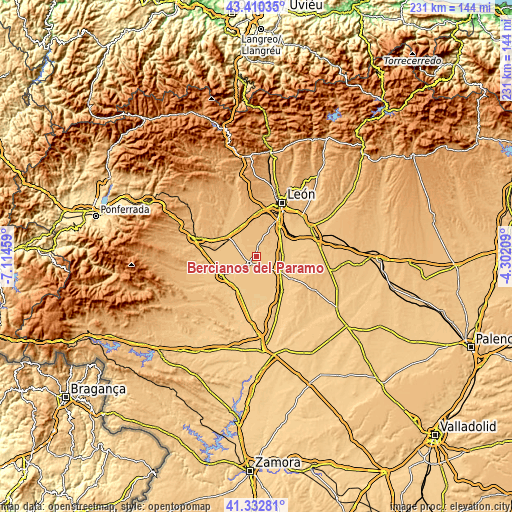 Topographic map of Bercianos del Páramo