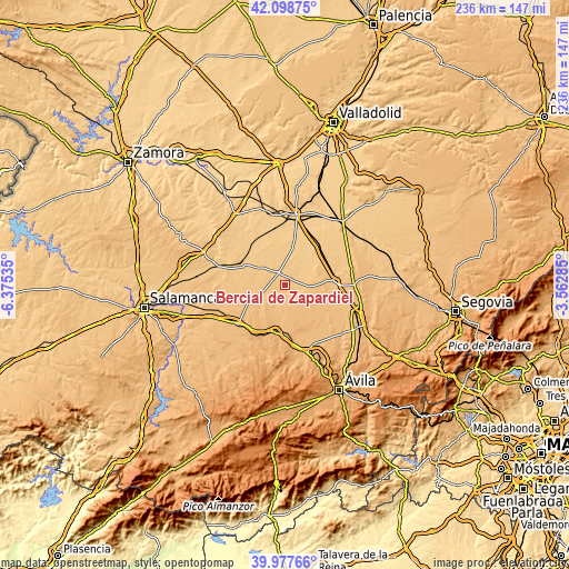 Topographic map of Bercial de Zapardiel