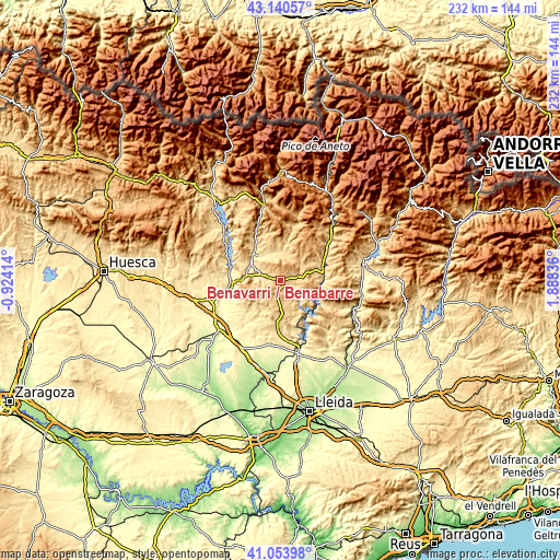 Topographic map of Benavarri / Benabarre