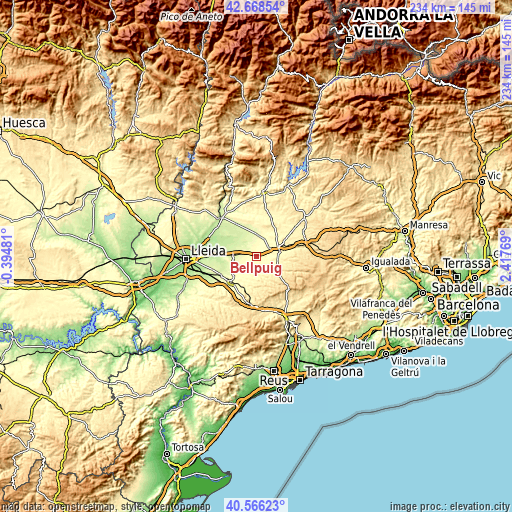 Topographic map of Bellpuig