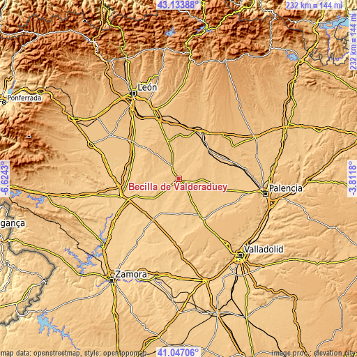 Topographic map of Becilla de Valderaduey