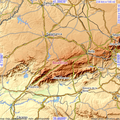 Topographic map of Becedillas