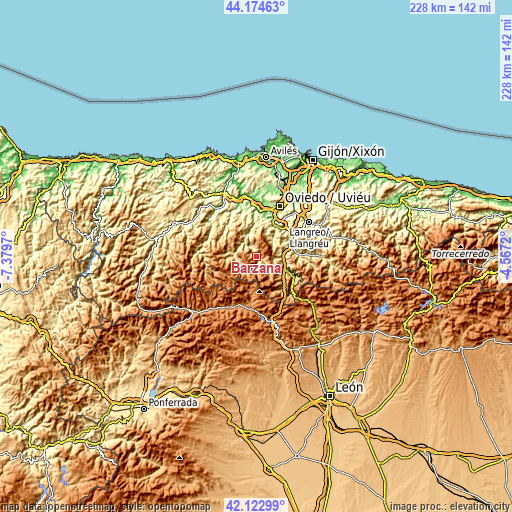 Topographic map of Bárzana