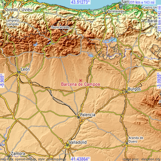 Topographic map of Bárcena de Campos