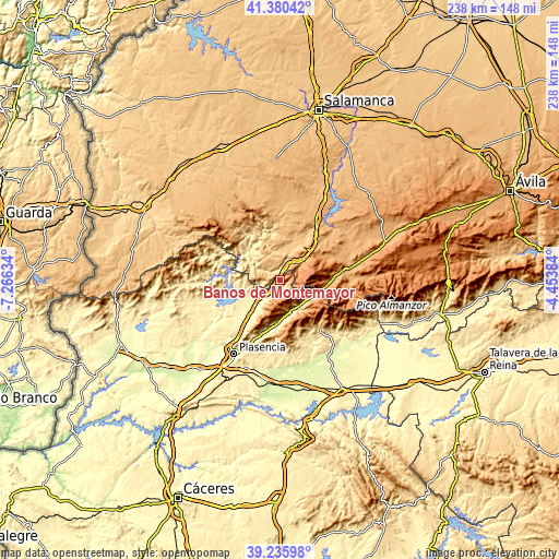 Topographic map of Baños de Montemayor