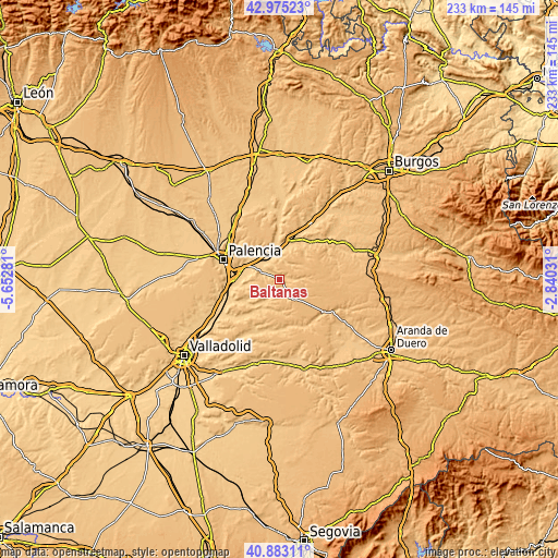 Topographic map of Baltanás