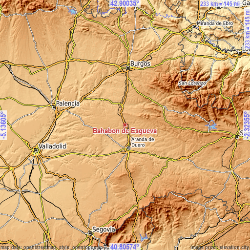 Topographic map of Bahabón de Esgueva