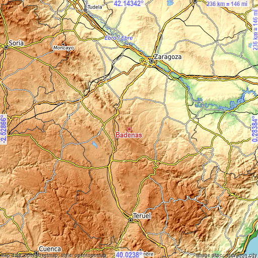 Topographic map of Bádenas