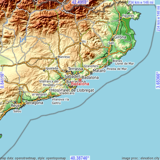 Topographic map of Badalona