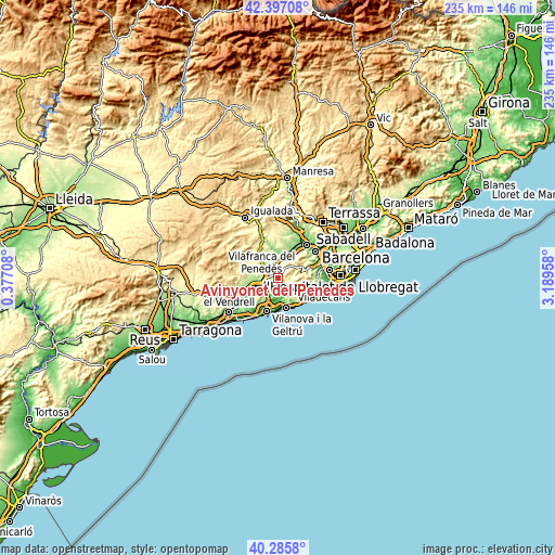 Topographic map of Avinyonet del Penedès