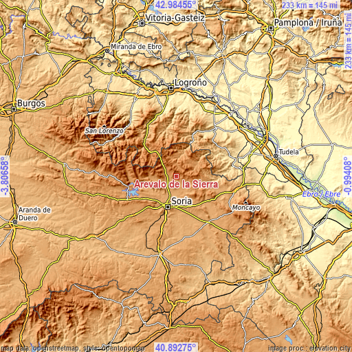 Topographic map of Arévalo de la Sierra