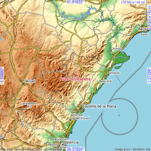 Topographic map of Ares del Maestre