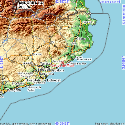 Topographic map of Arenys de Munt