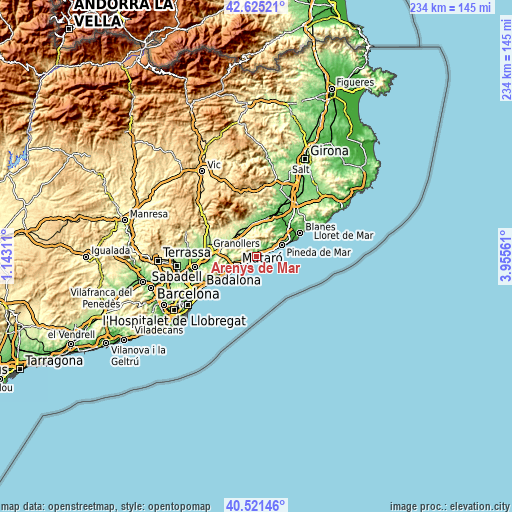 Topographic map of Arenys de Mar