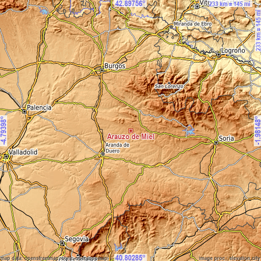 Topographic map of Arauzo de Miel