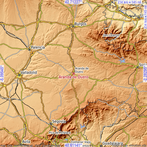 Topographic map of Aranda de Duero