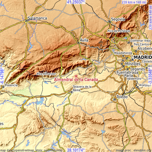 Topographic map of Almendral de la Cañada