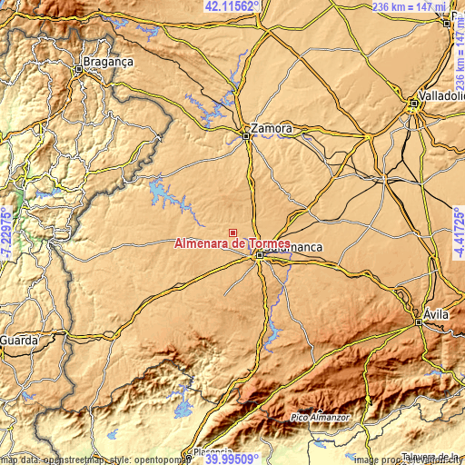 Topographic map of Almenara de Tormes