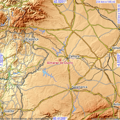 Topographic map of Almaraz de Duero