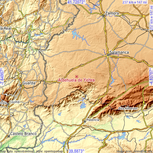 Topographic map of Aldehuela de Yeltes