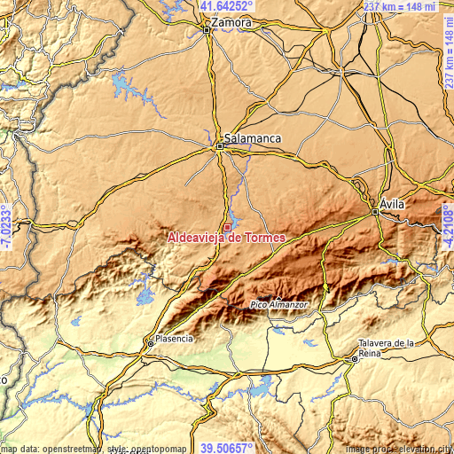 Topographic map of Aldeavieja de Tormes