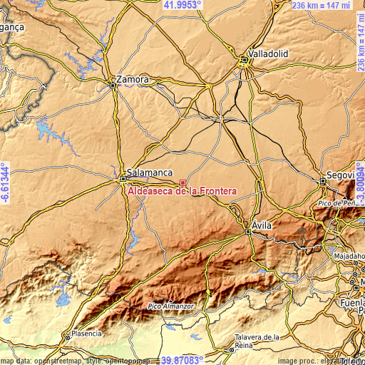 Topographic map of Aldeaseca de la Frontera