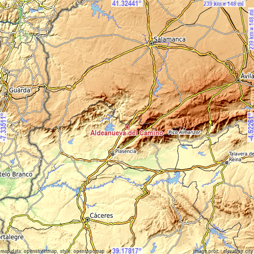 Topographic map of Aldeanueva del Camino