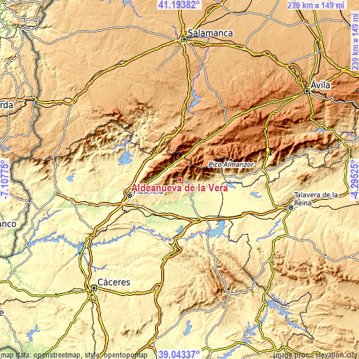 Topographic map of Aldeanueva de la Vera