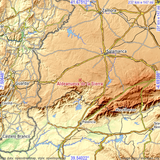 Topographic map of Aldeanueva de la Sierra