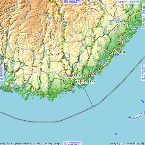 Topographic map of Vennesla