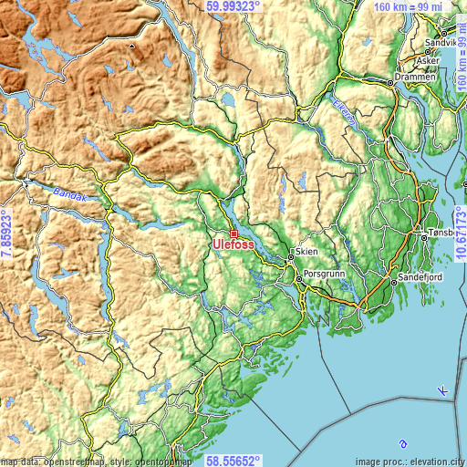 Topographic map of Ulefoss