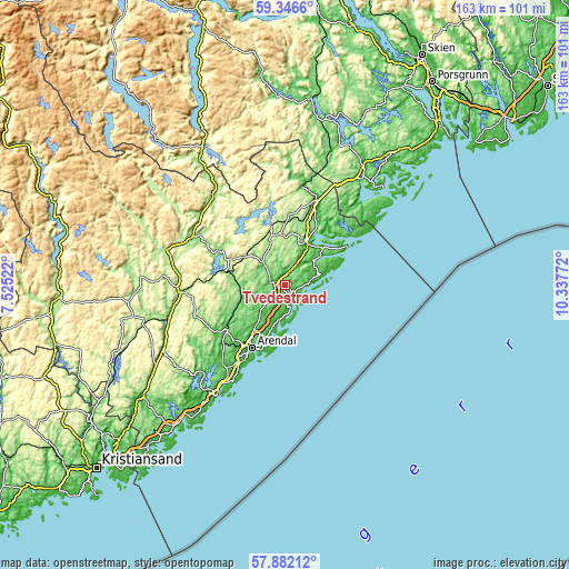 Topographic map of Tvedestrand