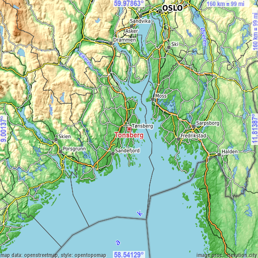 Topographic map of Tønsberg