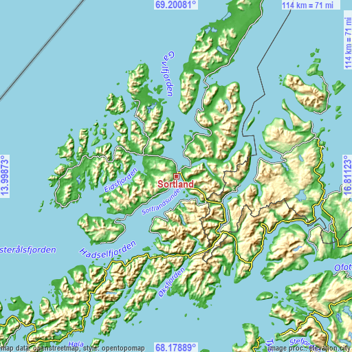 Topographic map of Sortland