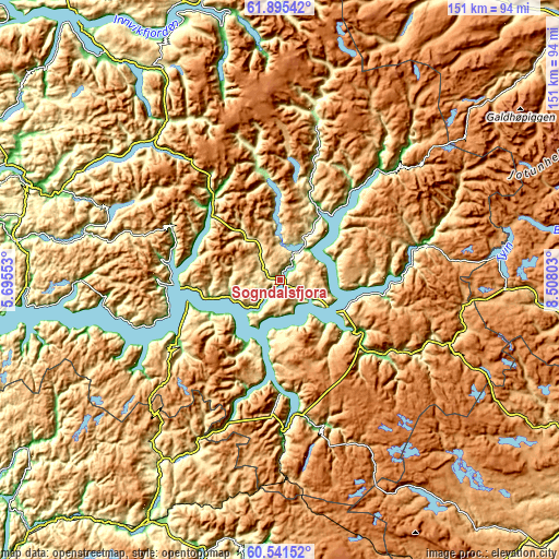 Topographic map of Sogndalsfjøra