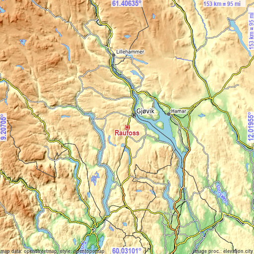 Topographic map of Raufoss