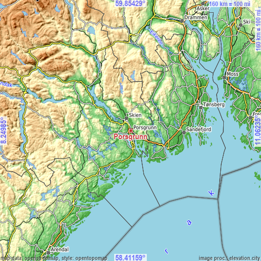 Topographic map of Porsgrunn