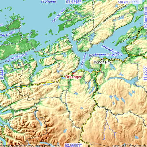 Topographic map of Orkanger