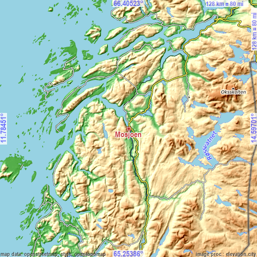 Topographic map of Mosjøen