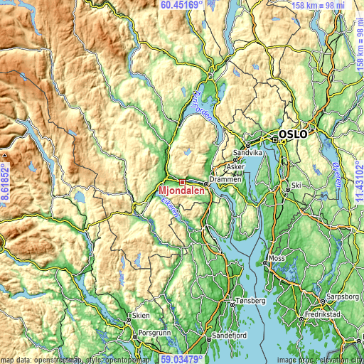 Topographic map of Mjøndalen