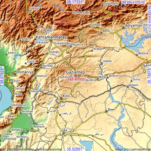 Topographic map of Gaziantep