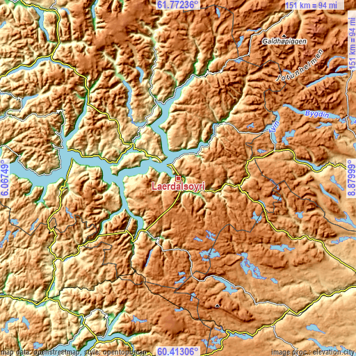 Topographic map of Lærdalsøyri